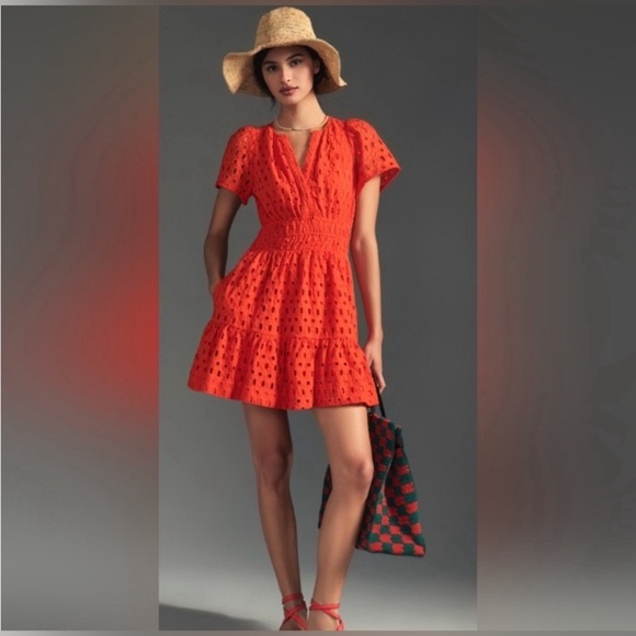 Anthropologie The Somerset Mini Dress: Eyelet Hot Bright Coral Orange - Picture 2 of 7